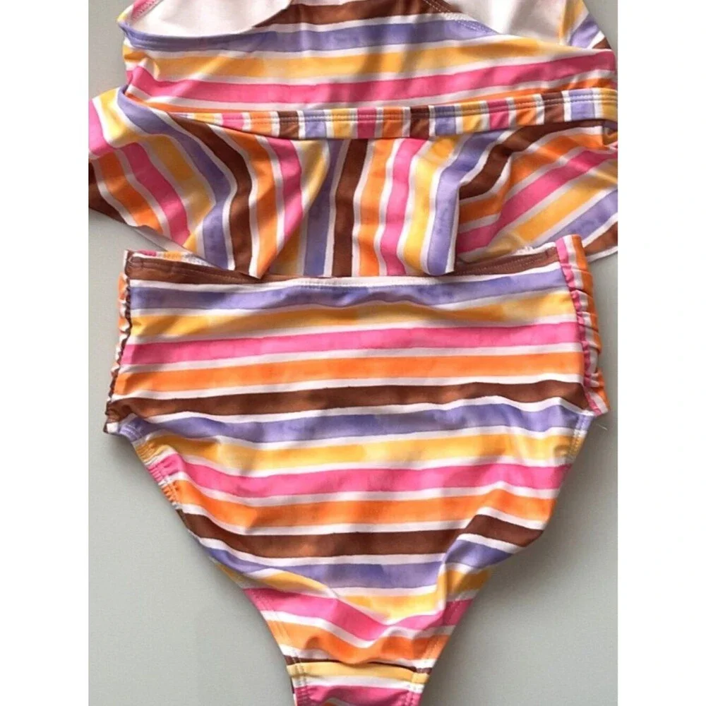 Like New Wonder Nation Girls Striped Tankini Swimming Suit 2 Pc Set UPF 50+
